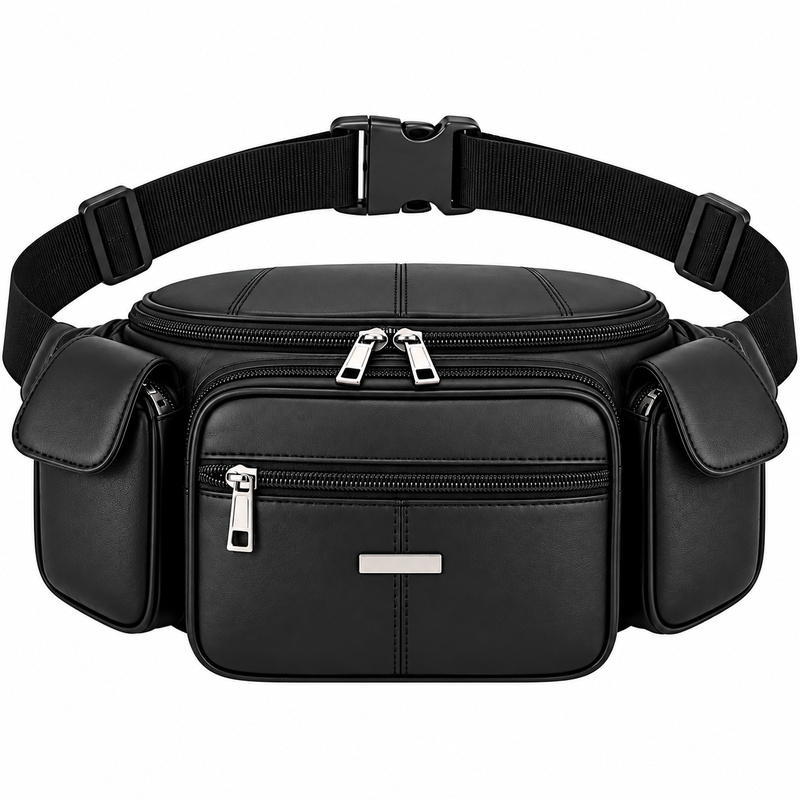 (image for) 1447 Black Mega Multi Pocket Bum Bag In Sheep Nappa (New)